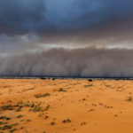Sandstorm Approaching Merzouga Settlement,in Erg Chebbi Desert Morocco,Africa